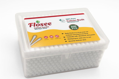 Flosee Cotton Ear Buds Swabs, Square Storage Jar, Paper Stems(200 Units)