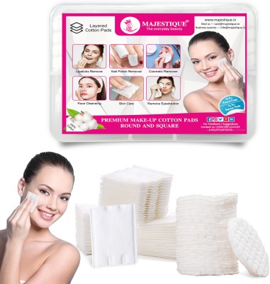 MAJESTIQUE Make-Up Removal Cotton Pads Round & Square, Thick Layered Cotton Pads - 1 Box(150 Units)