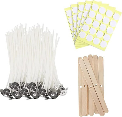Sharum Crafts Candle Making Kit | 50 Cotton Wicks, 54 Stickers & 10 Wooden Holders Cotton Wick(Pack of 100)