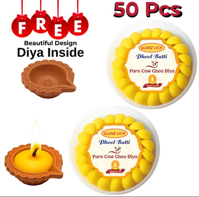 GLANZLICH Pack of 50 Cow Ghee Diya Batti| Cotton Wick(Pack of 50)