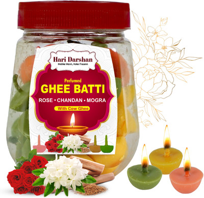 Hari Darshan Cow Ghee Diya - Pack of 60, Multi Fragrance with Rose, Chandan & Mogra Cotton Wick
