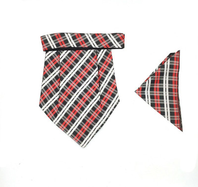 GOOD ONE STORE Micro Cravat set with pocket square for Men's (Black with Red and white 142) Cravat
