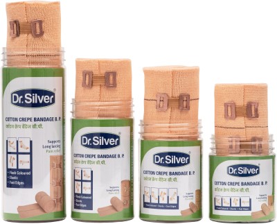 DR SILVER 6,8,10 and 15cm X 4mt, Pain Relief Garam Patti for Hand, Leg Pack of 4 CB-6 Crepe Bandage