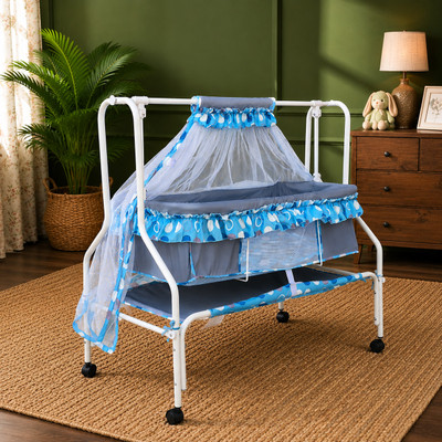 KIDDERY Ares | Value Baby Cradle | New improved Mattress Design | 25% More Space for Baby | Mosquito Protection Net | All Wheel Lock | 0-8 months | Blue(Blue)