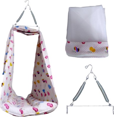 AKXUCART Baby Swing Cradle with Mosquito Net Spring (Multi color)(Pink)