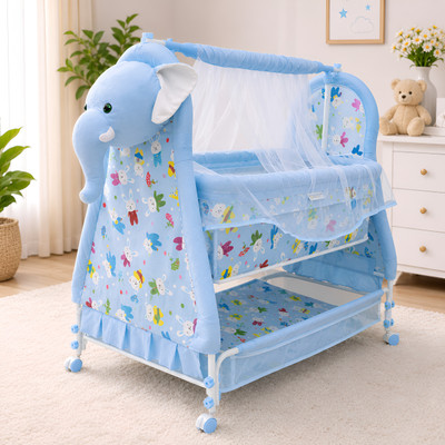 Pandaoriginals BEST QUALITY BABY CRADLE|SOFT CUSHION Baby Jhula Cute Elephant Face(Blue)