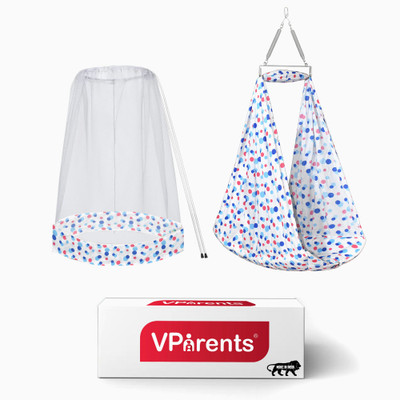 VParents Preemie Baby Swing Cradle with Mosquito Net and Spring(Blue)