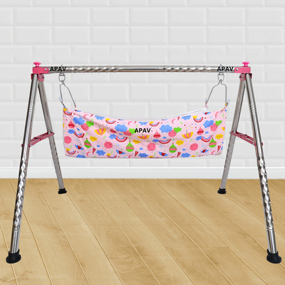 APAV Portable Foldable Baby Cradle | Indian Ghodiyu Style with Stainless Steel Frame(Pink)