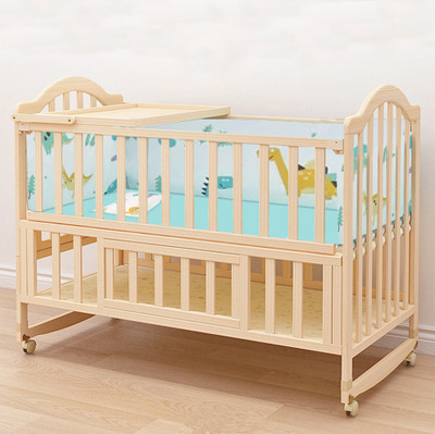 POLKA TOTS Wooden Rocking Cradle Baby Crib Cot with Bedding Set for Kids Toddlers (Dino)(Beige)