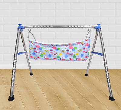 Schola Schola Baby Boy & Girl Portable Folding Round Steel Cradle Ghodiyu With Hammock(Blue)