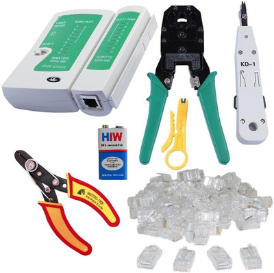 Inditrust Lan Cable Tester, Wire cutter, 9V Battery 100 Pcs Rj45 Connectors 3in1 Modular Crimping tool and Krone kd 1 tool (Pack of 6) Manual Crimper