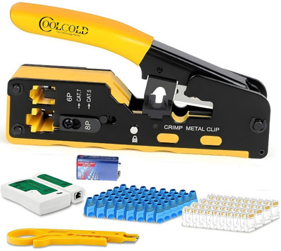 coolcold Pass Through RJ45 Crimp Tool Kit All-in-One Ethernet Crimper Cat7 Cat6 Cat5E with Lan Tester + Battery, 20-Pack Cat6 RJ45 Pass Through Connector, 10pc Boots Manual Crimper