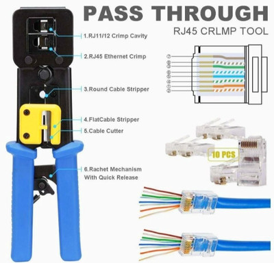BALRAMA Heavy Duty RJ 45 Crimping Tool for Pass through Connector RJ11 & RJ45 Plugs Crimping Tool Ethernet Crimper for Cat6 Cat5 Cat5e RJ45 Pass Through Connectors Wire Cutter
