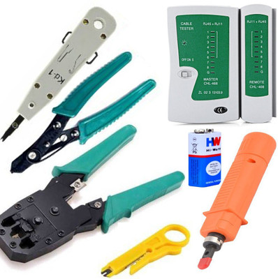 D.V TECH PROFESSIONAL SET OF Modular Rj45 Rj11 Crimping Tool, Network Lan Cable Tester, Stripper Tool, Push Down Impact Tool IDC/Network CAT5, CAT6 & Telephone Insertion Socket Punch-Down and Punch Down Krone Tool 110 Block Wire Cable Cutter Card Line Knife Combo Set SET OF CRIMPING TOOL Manual Crim