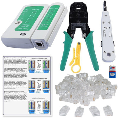 Inditrust Lan Cable Tester, Ethernet Color Coding & 50 Pcs RJ45 Connector 3in1 Modular Crimping tool and Krone kd 1 tool with Batter 9v (Pack of 6) Manual Crimper