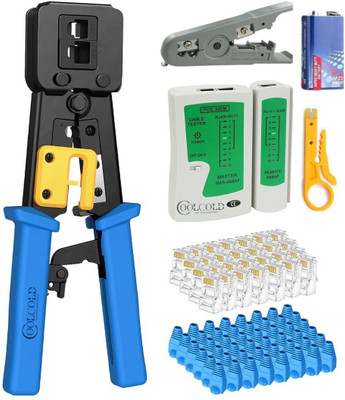 coolcold RJ45 Crimping Tool Kit with Tester, Stripper & 20 Cat6 Connectors + Covers Pass-Through RJ45 Crimper Kit Cat5/6 Tool, Tester, 20 Plugs & Covers Manual Crimper coolcold RJ45 Crimping Tool Kit with Tester, Stripper & 20 Cat6 Connectors + Covers Pass-Through RJ45 Crimper Kit Cat5/6 Tool, Tester, 20 Plugs & Covers Manual Crimper