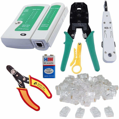 tools master TM-CT-MC-9V Crimping, Multitec cutter, KD-1 Professional Punch Down Tool, Network Lan Cable Tester, 9V battery and 25 Pcs Connectors Rj45 Rj11 Crimping, Multitec cutter, KD-1 Professional Punch Down Tool, Network Lan Cable Tester Manual Crimper