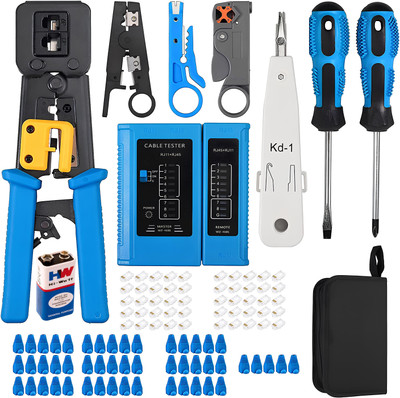 BUYFLUX Crimp Tool Kit CAT5 CAT5E CAT6 RJ45 Crimping Tool, 50PCS RJ45 CAT6 Pass Through Connectors, 50PCS Cover, Network Cable Tester, Wire Punch Down Cutter,9v Battery Manual Crimper
