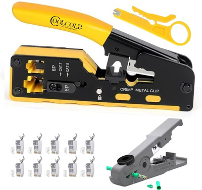 coolcold RJ45 Crimping Tool + Stripper, Cat5-Cat7 Crimper with 10 Cat7 Connectors Crimp Tool Alloy Carbon Steel 6P 8P RJ11 RJ12 RJ45 STP/UTP Ethernet Manual Crimper
