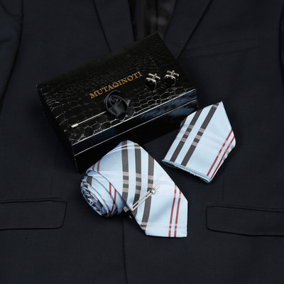MUTAQINOTI Silk Cufflink & Tie Pin Set(Blue, Black, Red)