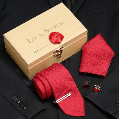 LOUIS STITCH Silk Cufflink & Tie Pin Set(Red, Red)