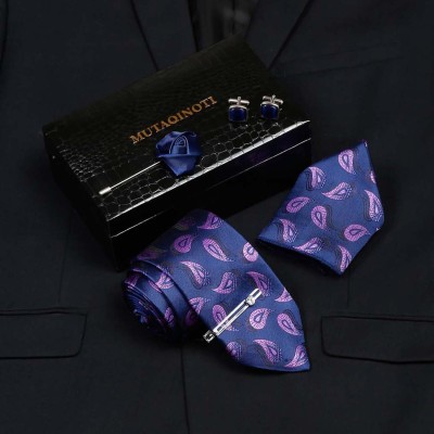 MUTAQINOTI Silk Cufflink & Tie Pin Set(Blue, Black, Pink)