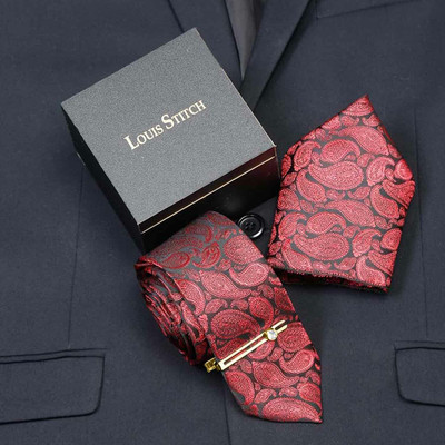 LOUIS STITCH Silk Tie Pin Set(Red)