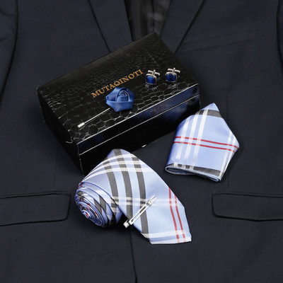 MUTAQINOTI Silk Cufflink & Tie Pin Set(Turquoise, Black, Red)