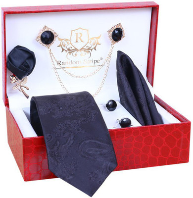 RANDOM STRIPE Silk Cufflink & Tie Pin Set(Black)