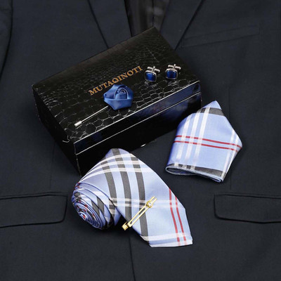 MUTAQINOTI Silk Cufflink & Tie Pin Set(Turquoise, Black, Red)