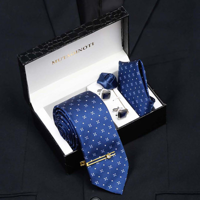MUTAQINOTI Silk Cufflink & Tie Pin Set(Blue)