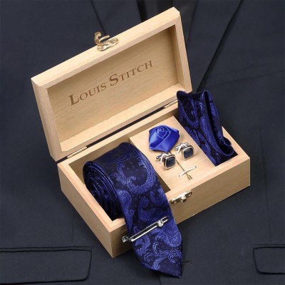 LOUIS STITCH Silk Cufflink & Tie Pin Set(Blue, Blue, Blue, Blue)