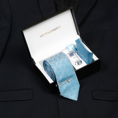 MUTAQINOTI Silk Cufflink & Tie Pin Set(Blue, Grey)