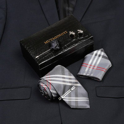 MUTAQINOTI Silk Cufflink & Tie Pin Set(Grey)