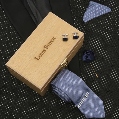 LOUIS STITCH Silk Tie & Cufflink(White, Blue)