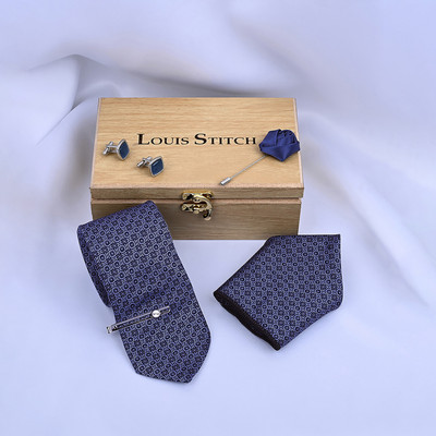 LOUIS STITCH Silk Cufflink & Tie Pin Set(Blue)