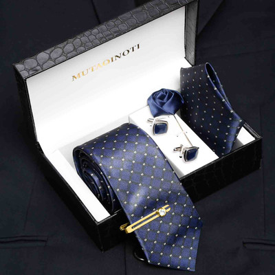 MUTAQINOTI Silk Cufflink & Tie Pin Set(Blue)