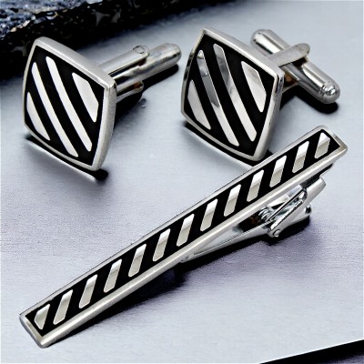 Lucky Jewellery Brass Cufflink & Tie Pin Set(Black)