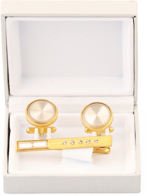 SANDHA Brass Cufflink & Tie Pin Set(Gold, White)