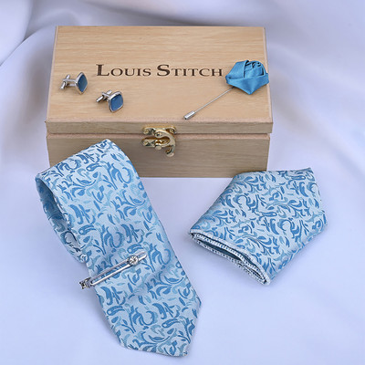 LOUIS STITCH Silk Cufflink & Tie Pin Set(Blue)