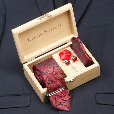 LOUIS STITCH Silk Cufflink & Tie Pin Set(Red, Red)