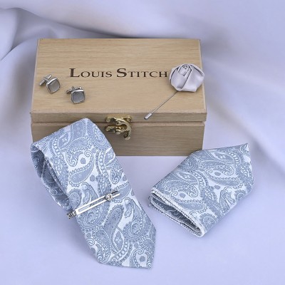 LOUIS STITCH Silk Cufflink & Tie Pin Set(Grey)