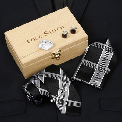 LOUIS STITCH Silk Cufflink & Tie Pin Set(Black)