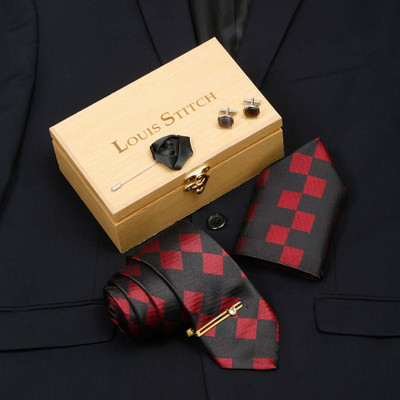 LOUIS STITCH Silk Cufflink & Tie Pin Set(Red)
