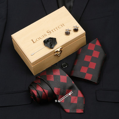 LOUIS STITCH Silk Cufflink & Tie Pin Set(Red)