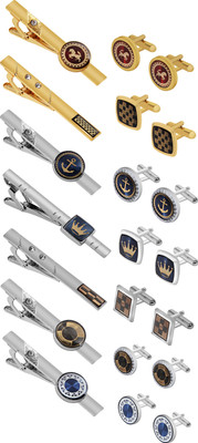 EXOTICA Fashions Brass Cufflink & Tie Pin Set(Silver, Gold)
