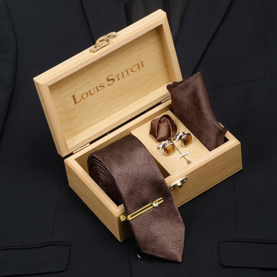 LOUIS STITCH Silk Cufflink & Tie Pin Set(Brown)