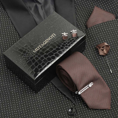 MUTAQINOTI Silk Tie & Cufflink(Brown)