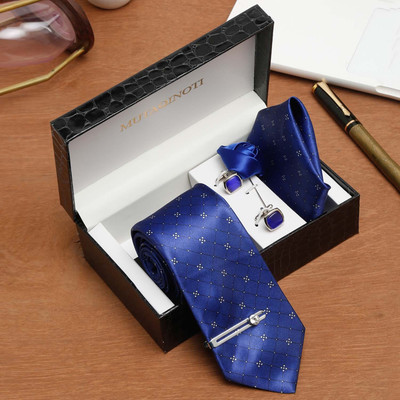 MUTAQINOTI Silk Cufflink & Tie Pin Set(Blue)