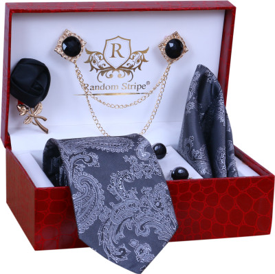 RANDOM STRIPE Silk Cufflink & Tie Pin Set(Grey)